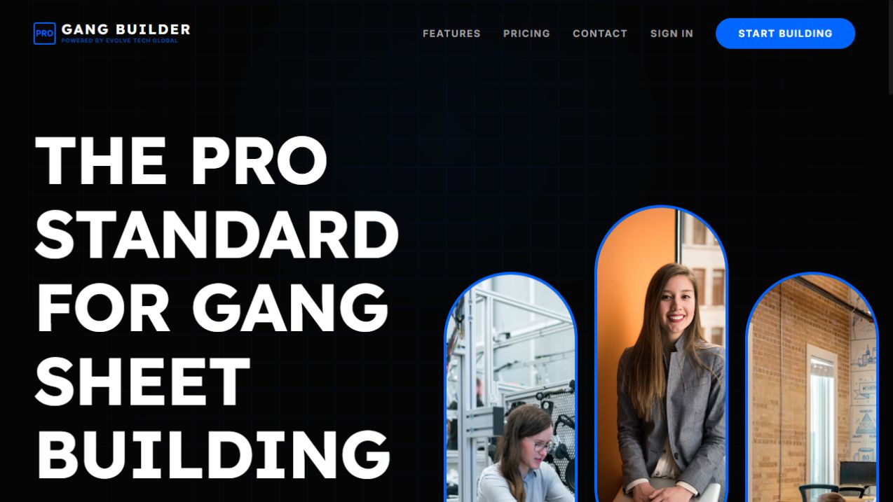 Actual Evolve Pro GangSheet Builder homepage showing its printing platform introduction